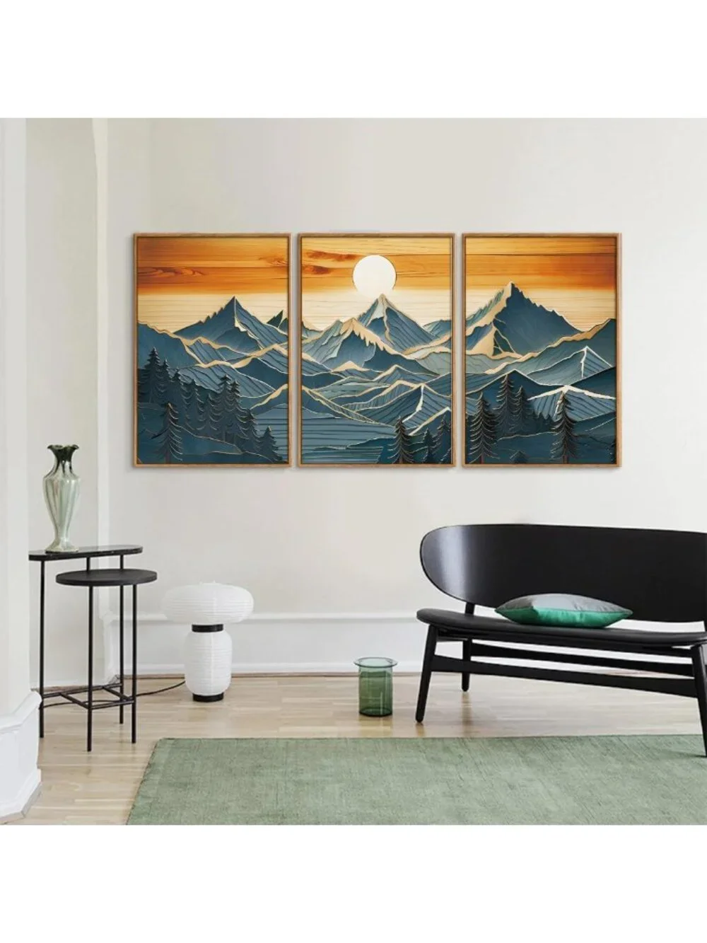 Large Framed Canvas Wall Art Set of 3 - Boho Nature & Sunset Landscape Decor